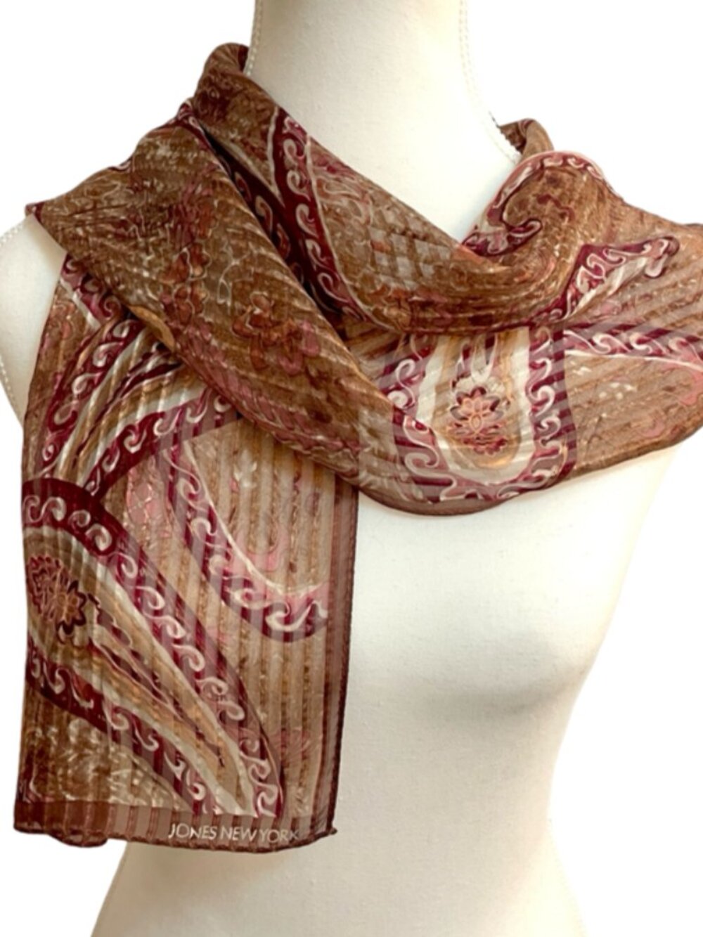 Jones New York 100% Silk Paisley Oblong Scarf Brown Burgundy Gold 10 x 52 Sheer